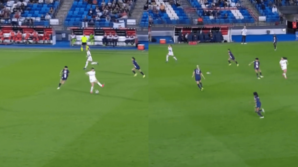 Real Madrids Caro­line Weir hat im Spiel Champions-League-Spiel gegen Paris Saint-Germain mal eben den Pass des Jahres ausgepackt!